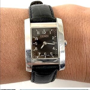 FENDI watch black leather band with chrome hardware With RARE black face